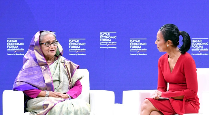Prime Minister Sheikh Hasina speaks at a session titled "In conversation with Prime Minister Sheikh Hasina" of the Qatar Economic Forum at the Raffles Hotel in Doha. Haslinda Amin, editor-at-large of Qatar Economic Forum anchored the session.