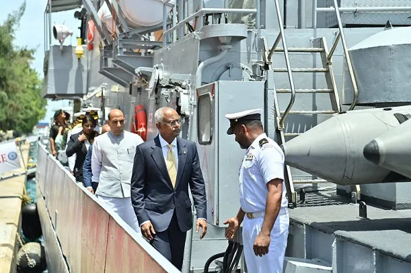 Defence Minister Rajnath Singh with Maldives President Ibrahim Mohamed Solih on board INS Tarmugli which was recommissioned as CGS Huravee on Tuesday (Image courtesy: Maldives President's Office)