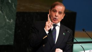 Pakistan's Prime Minister Muhammad Shehbaz Sharif addresses the 77th United Nations General Assembly at U.N. headquarters in New York City, New York, U.S., September 23, 2022. REUTERS/Caitlin Ochs